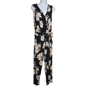 Colleen Lopez Floral Sleeveless Jumpsuit M Black Beige Elastic Tie Waist Pockets